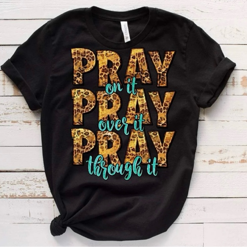 Black Graphic Tee with Leopard Print and Teal Text
